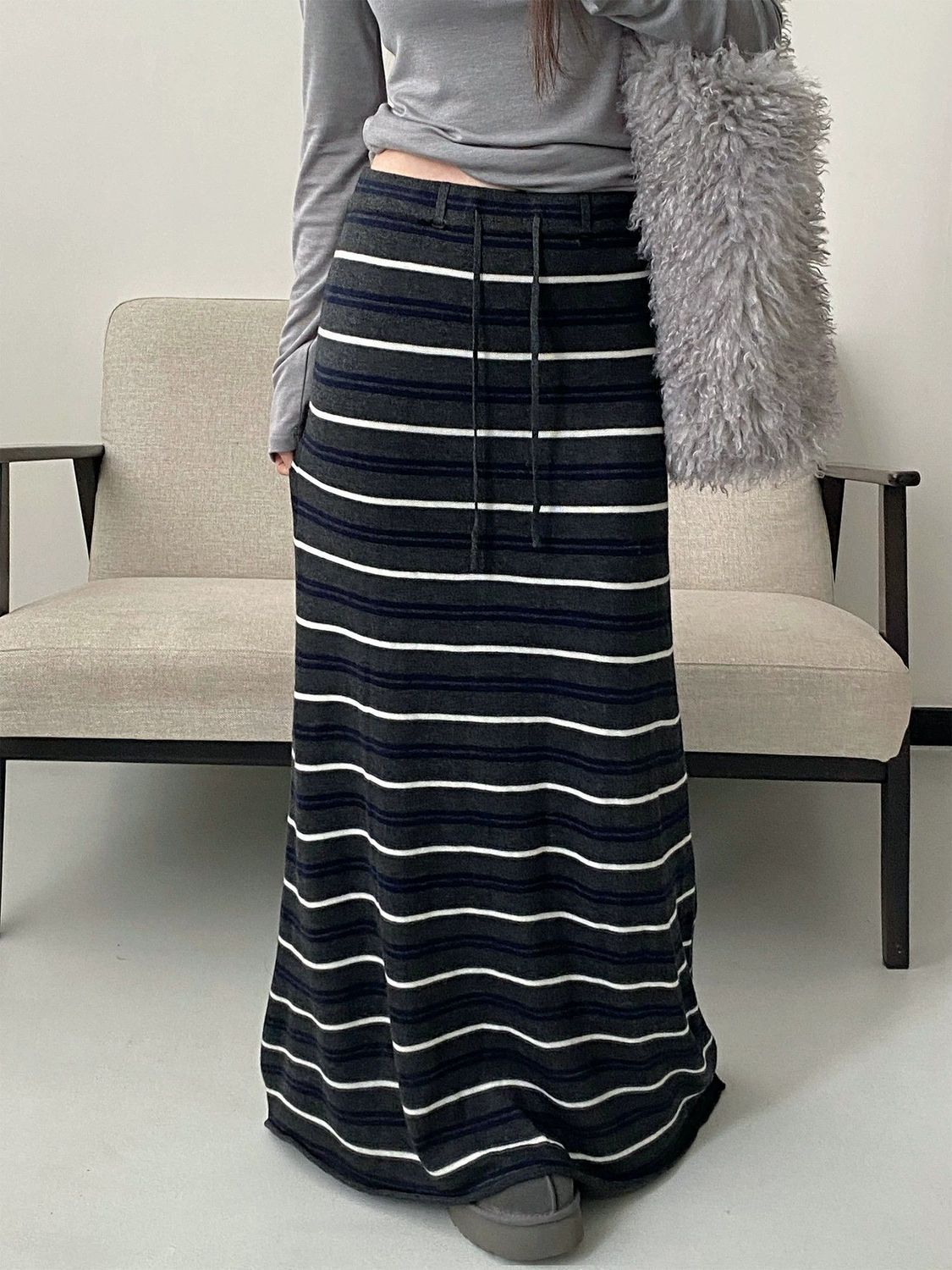 Striped Knit Maxi Skirt — A Line Silhouette with Drawstring Waist in Wool Blend