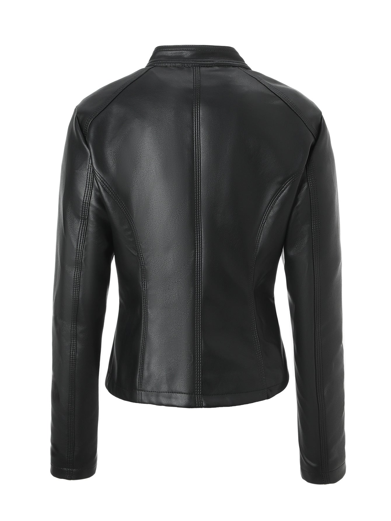 Black faux leather moto jacket back view with stand collar and center back zipper