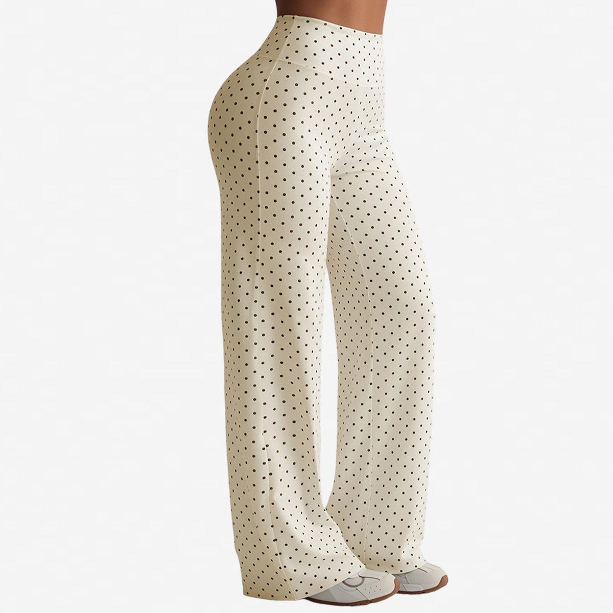 Apricot wide-leg yoga pants with black polka dots