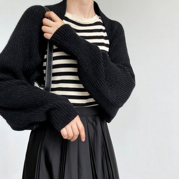 Cropped wool cardigan, black open-front bolero with batwing sleeves, chunky ribbed knit