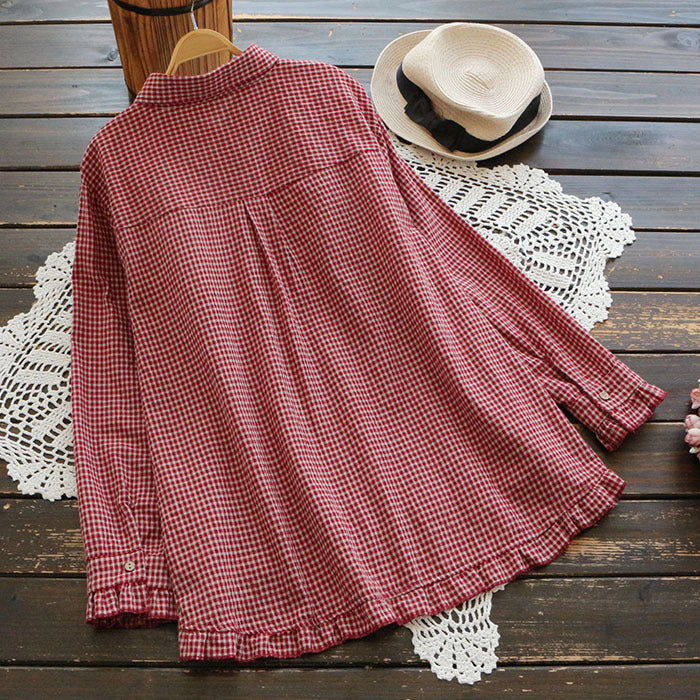 Red gingham plaid oversized button-front shirt with ruffle peplum hem and long sleeves