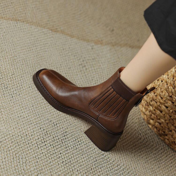 Women's brown short chelsea boots with square toe, elastic side gore, chunky mid heel.