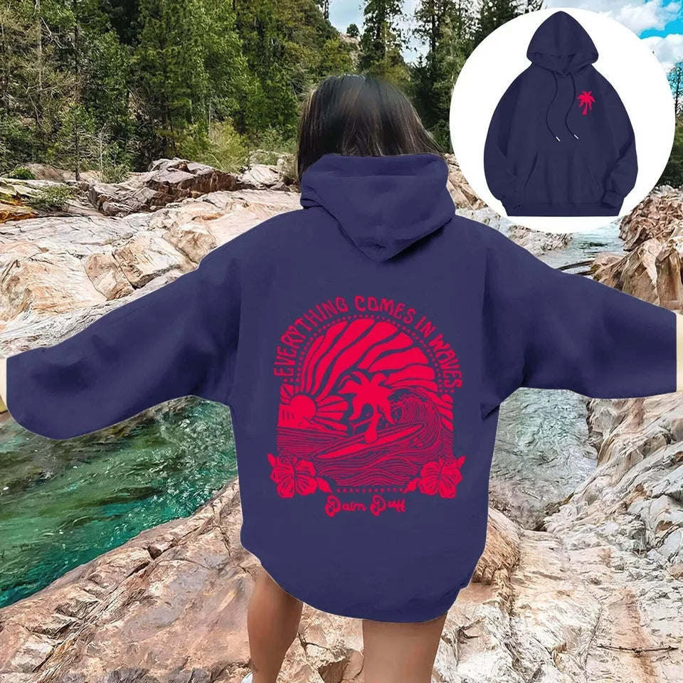 Surf Graphic Hoodie for Women — Oversized Back Print Pullover in Cotton Fleece