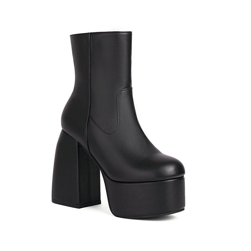 Platform Ankle Boots for Women — Chunky Block Heel Side Zip Booties in Faux Leather