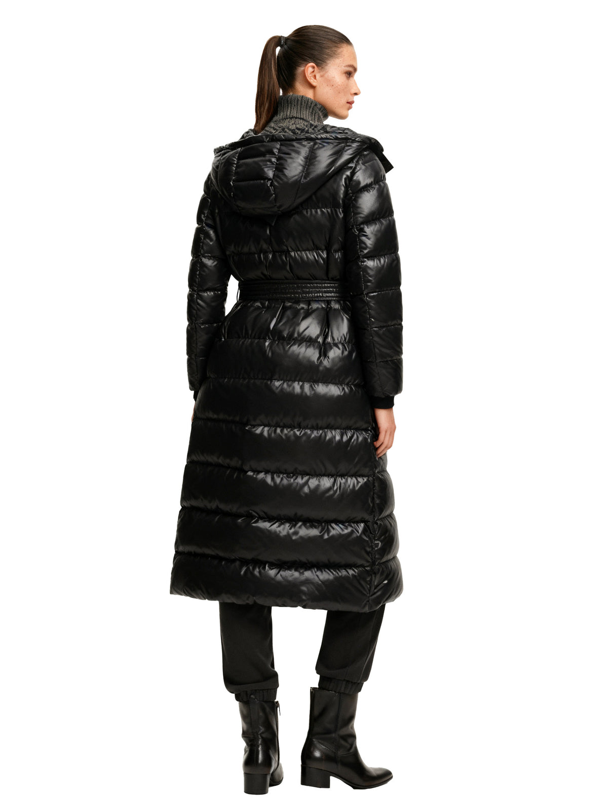Women's black long quilted puffer coat with hood, back view