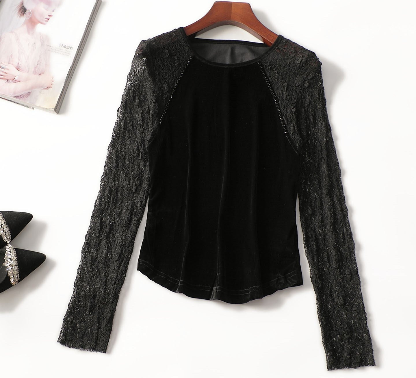 Velvet Top for Women — Dressy Long Sleeve Style with Sheer Lace Sleeves
