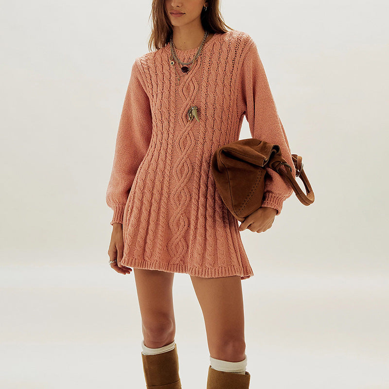 Cable Knit Sweater Dress in a Mini Length — Balloon Sleeve Crew Neck Flared Style