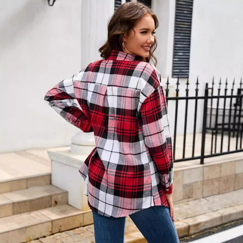 Women’s red, white, and black plaid flannel button-down shirt, long sleeves