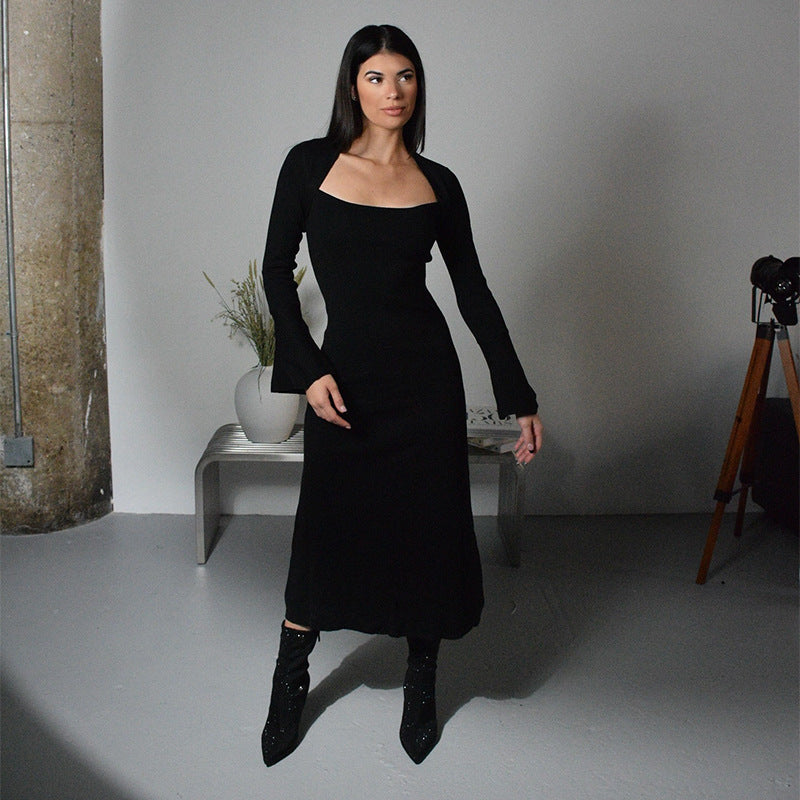 Black square-neck midi knit dress with long sleeves and flared cuffs