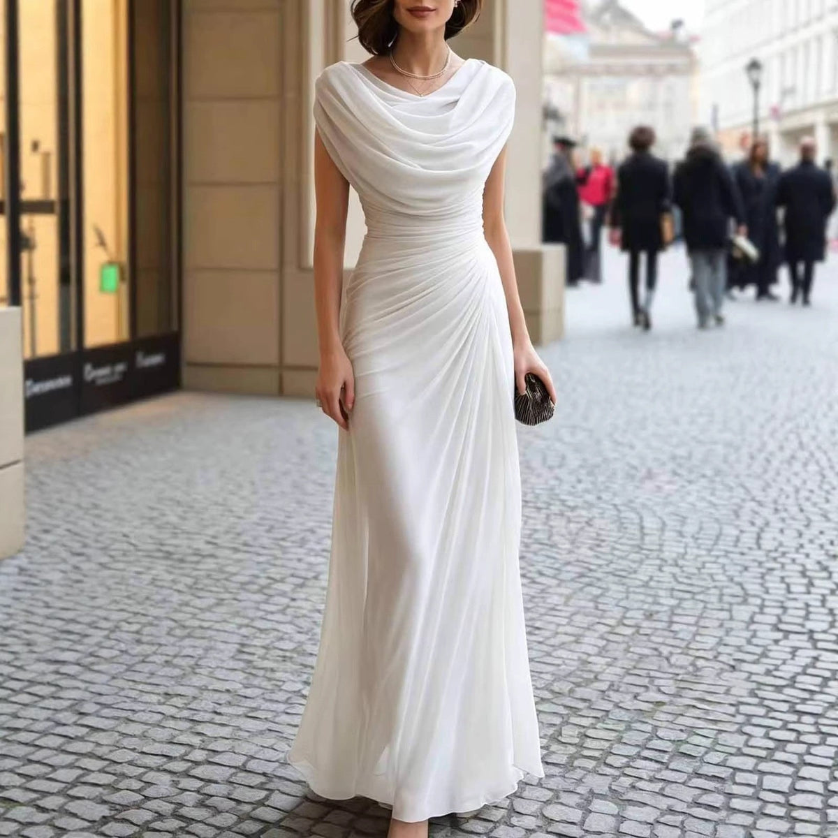 Cowl Neck Maxi Dress in Chiffon — Ruched Waist Evening Gown with Cap Sleeves