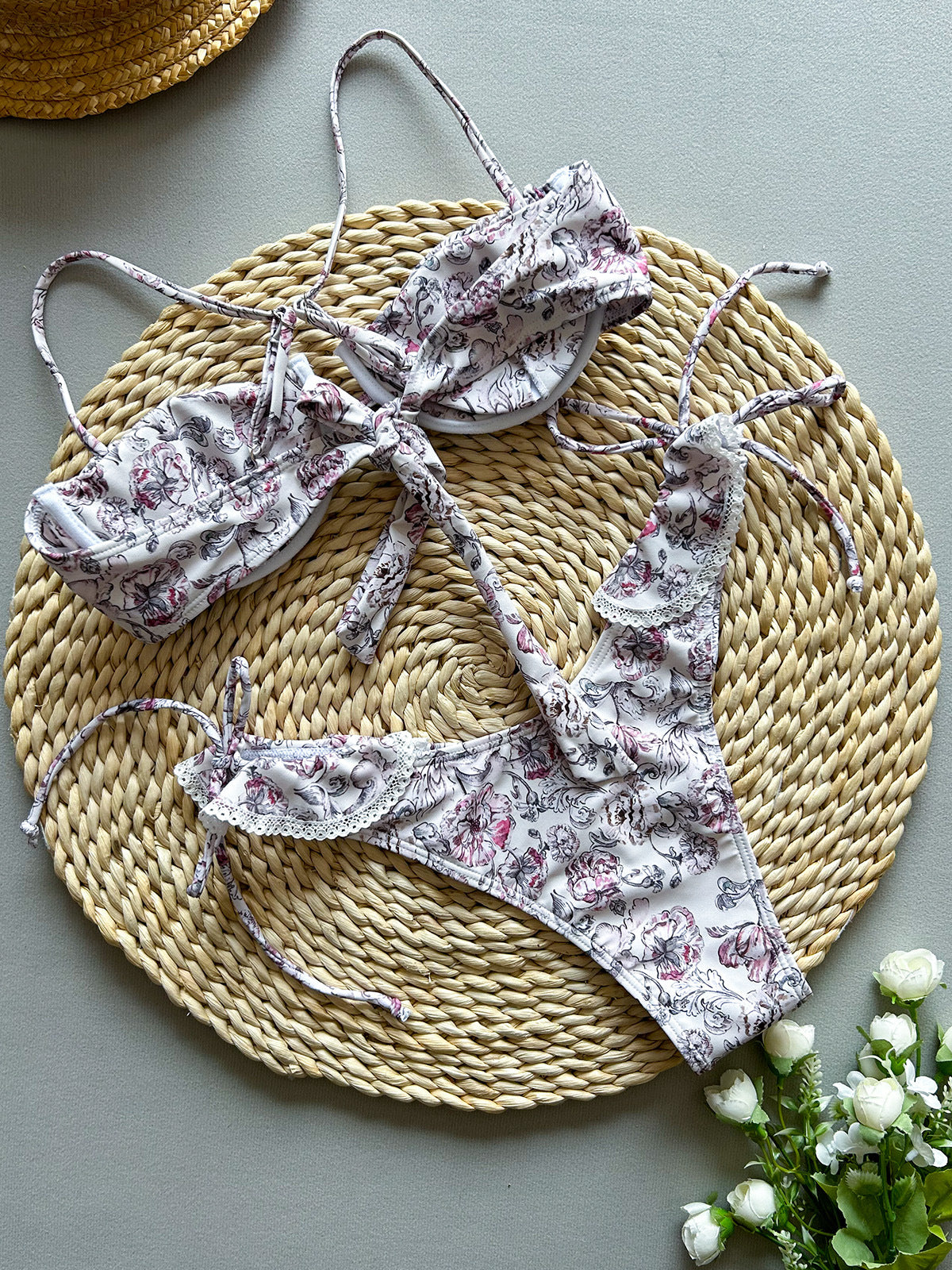 Violet baroque-print ruffle-trim bikini set: balconette top and tie-side bottoms
