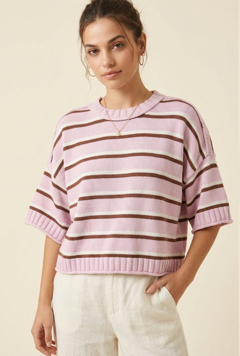 Women’s striped knit sweater, pink and white horizontal stripes, short sleeves
