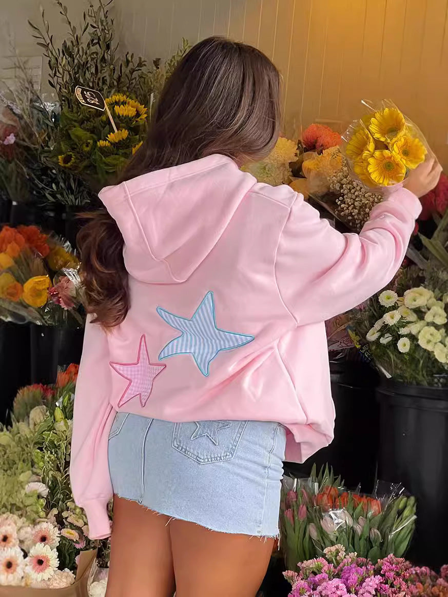 Star Patch Hoodie for Women — Oversized Pullover with Kangaroo Pocket in Cotton Fleece