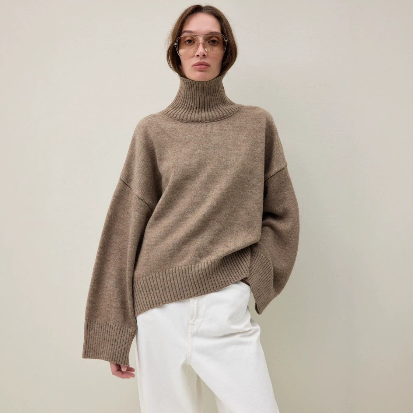 Oversized Turtleneck Sweater for Women — Chunky Knit Pullover with Drop Shoulders in Wool