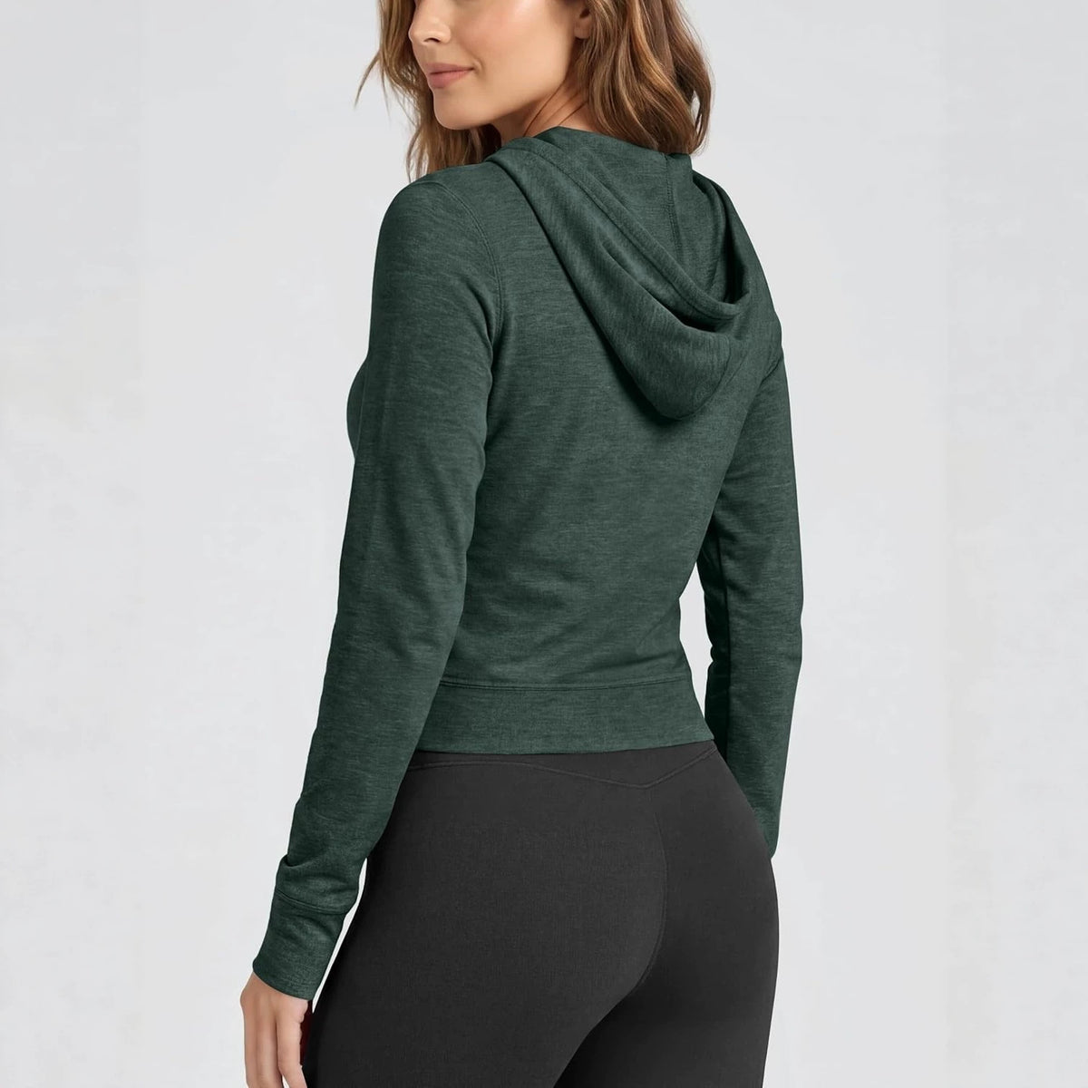 Women's hooded full-zip short hoodie, dark green; back view with hooded neckline