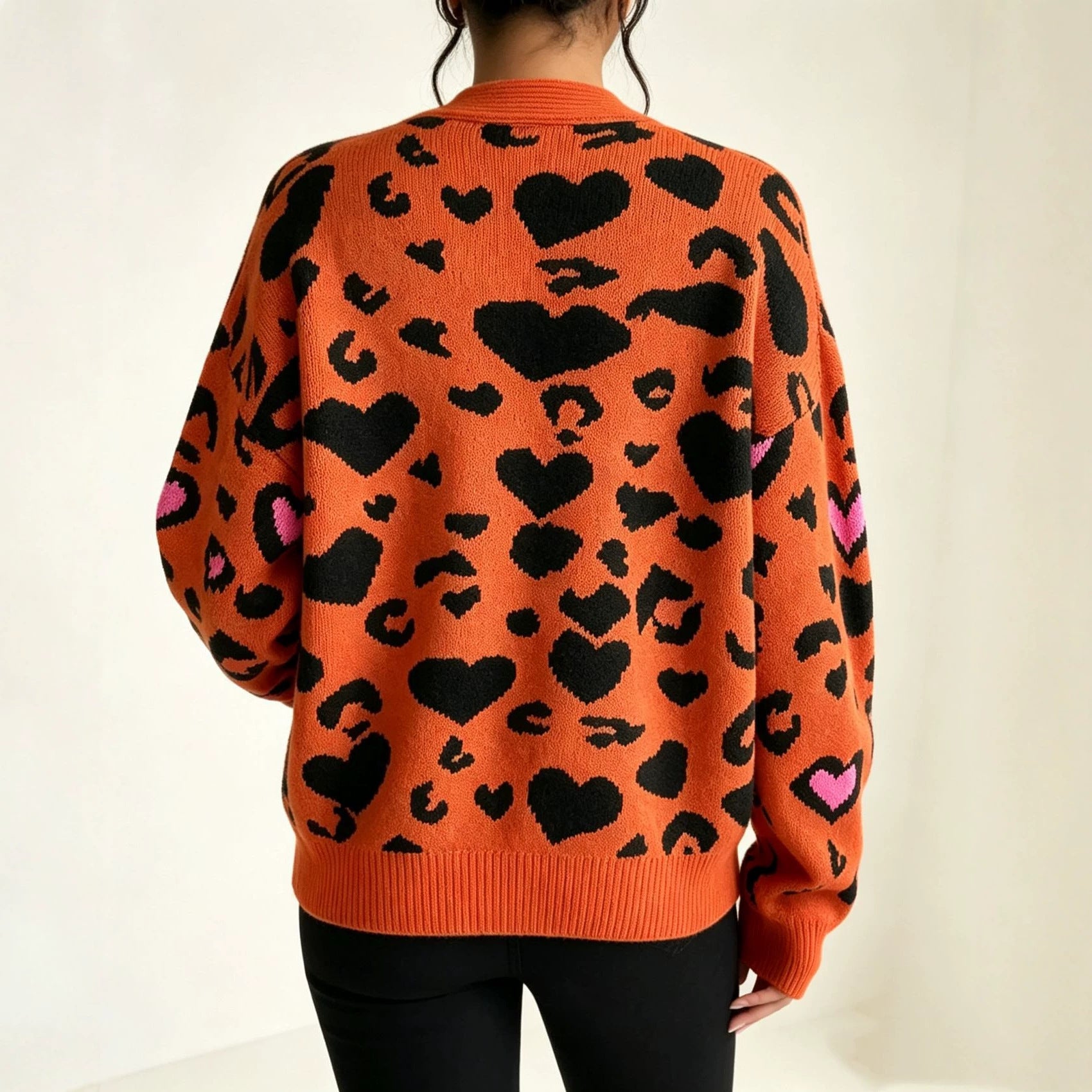 Leopard Print Cardigan for Women — Oversized V Neck Button Front Knit in Wool Blend