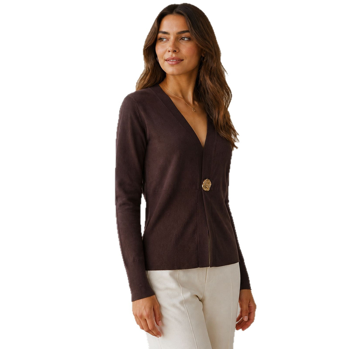 V Neck Cardigan for Women — Slim Fit Single Button Knit in Merino Wool
