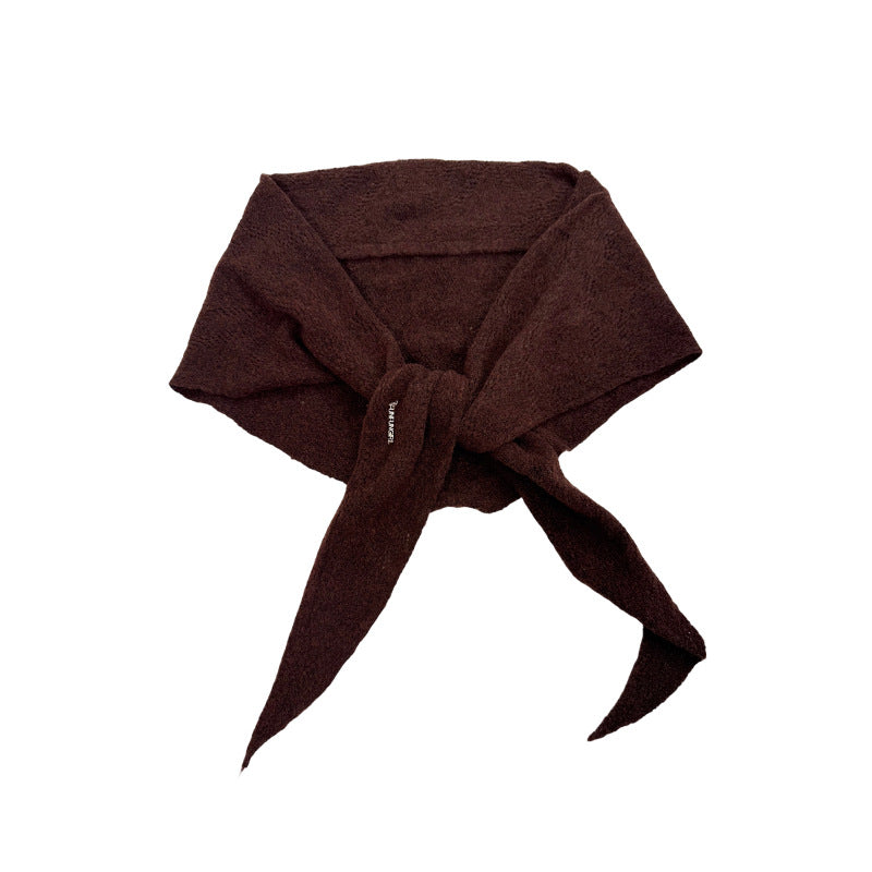 Wool triangle scarf with tied bow, textured knit, dark brown color