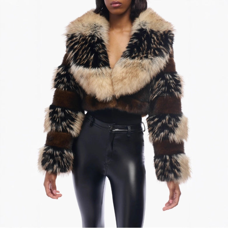 Brown faux fur cropped jacket, wide lapel, long sleeves, striped panel texture