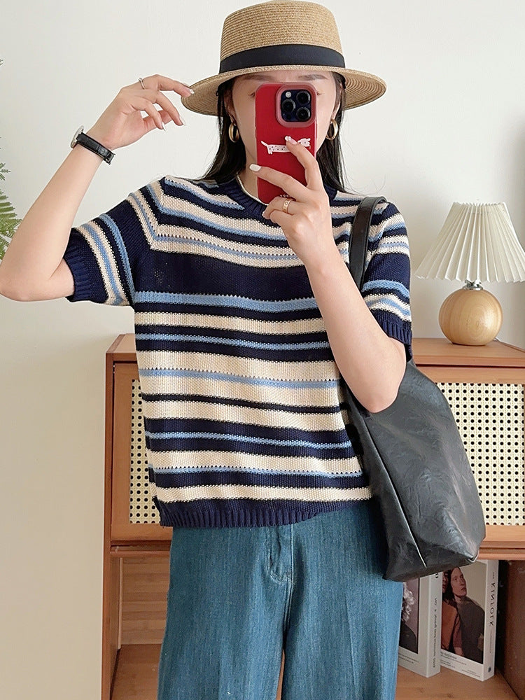 Striped Short Sleeve Sweater for Women — Lightweight Open Knit Summer Top in Cotton