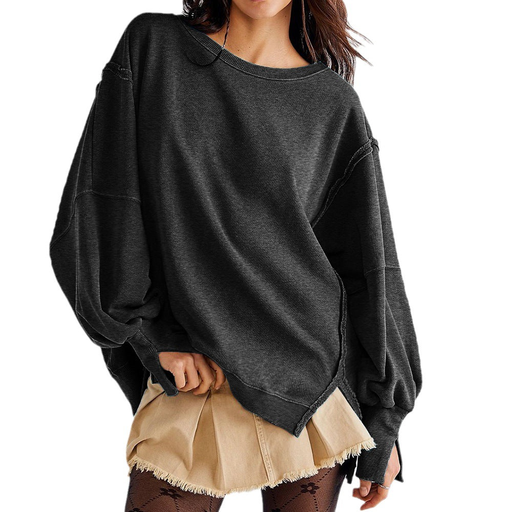 Dark charcoal oversized crewneck sweatshirt with dropped shoulders and long sleeves