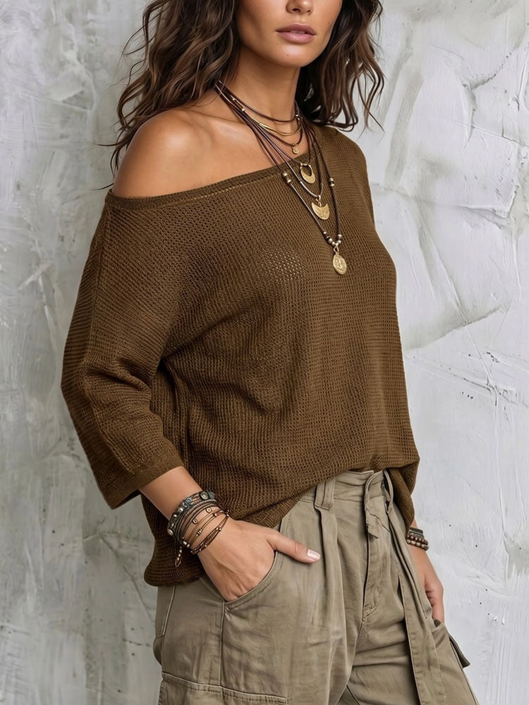 Off Shoulder Knit Top for Women — Loose Batwing Sleeve Style in Cotton