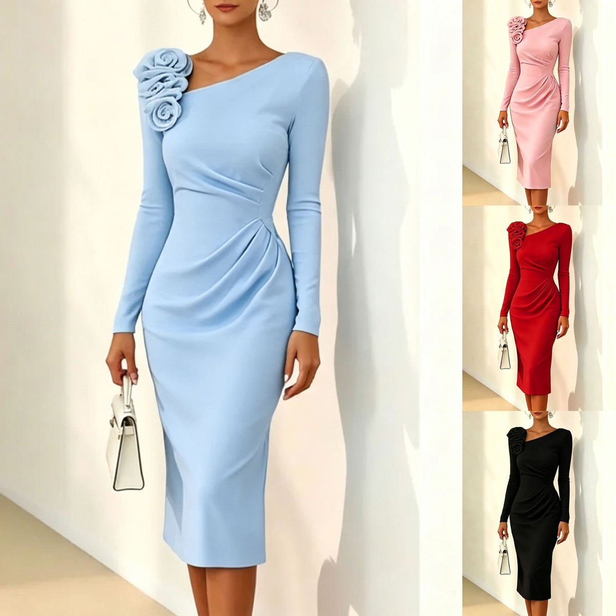 Sky blue one-shoulder bodycon midi dress with long sleeves and 3D floral shoulder detail