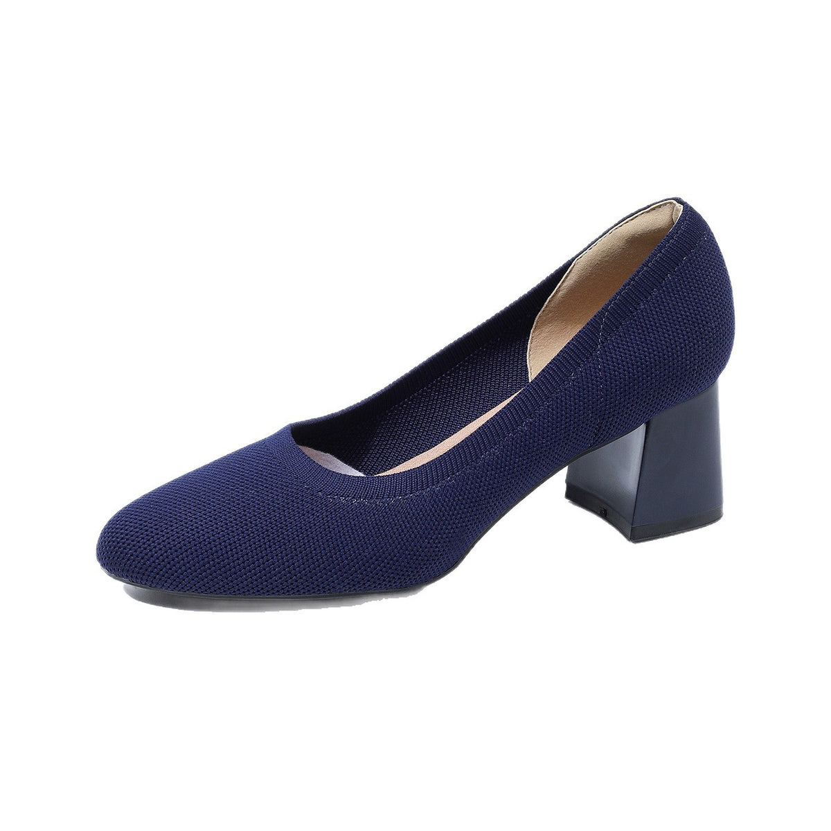 Navy knit pointed-toe pumps with chunky block heel