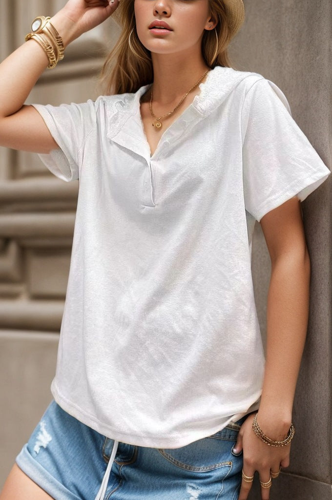 White hoodie sweatshirt with short sleeves and V-neck snap placket