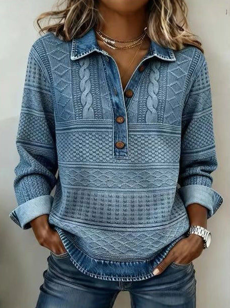 Cable Knit Sweater for Women — Denim Collar Cuffs and Hem with Button Placket in Wool