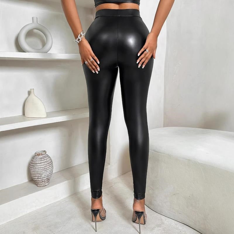 Lace Panel Faux Leather Leggings for Women — High Waisted with Sheer Floral Inserts