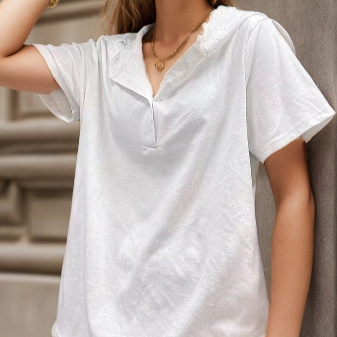 White hoodie sweatshirt with short sleeves and V-neck snap placket