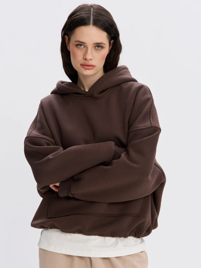Women's brown hooded pullover sweatshirt, relaxed fit, kangaroo pocket