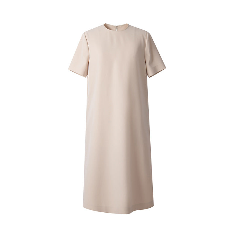 Short Sleeve Midi Dress with a Side Slit — Crew Neck Shift Style in Crepe