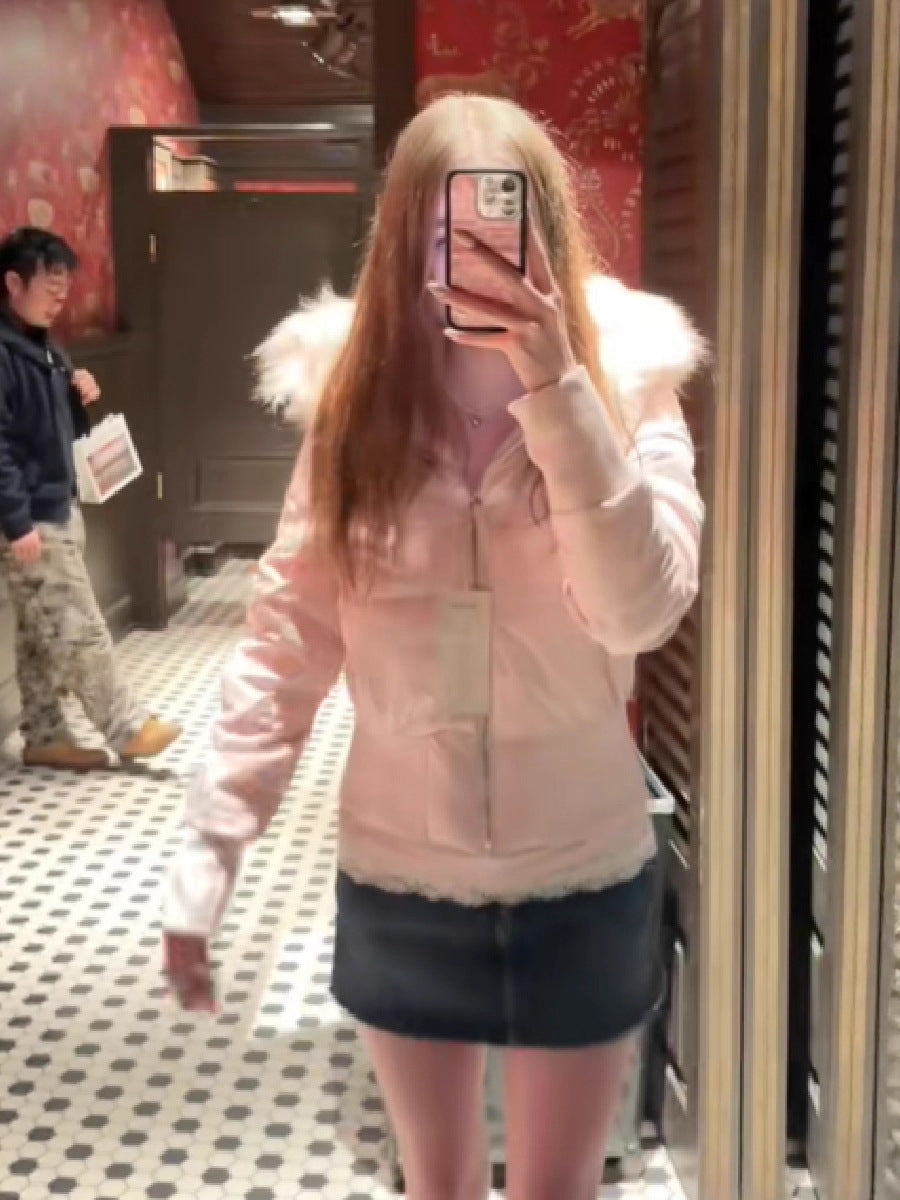 Short zip-up cotton jacket in light pink with fur-trim hood collar and ribbed cuffs