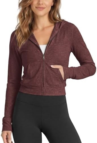 Women's hooded full-zip short hoodie, maroon with front zipper and kangaroo-style pocket