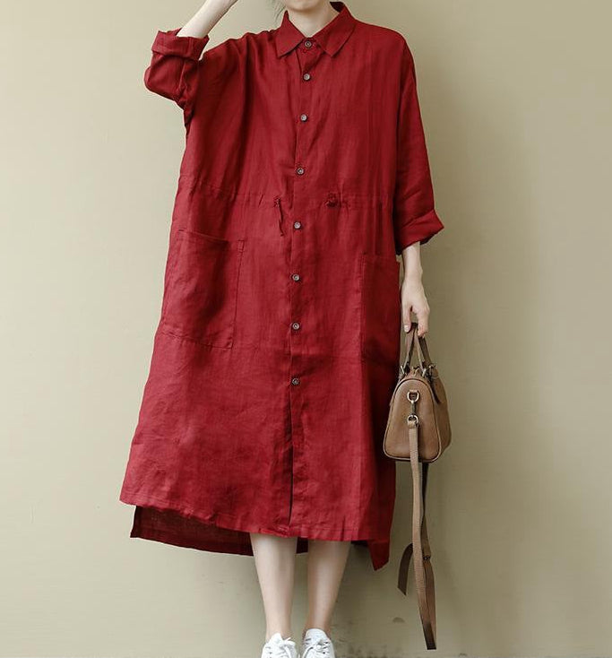 Linen Shirt Dress — Oversized Midi Style with Button Front and Patch Pockets