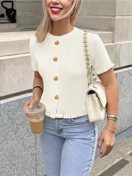 White short-sleeve knit cardigan with gold buttons and gathered hem