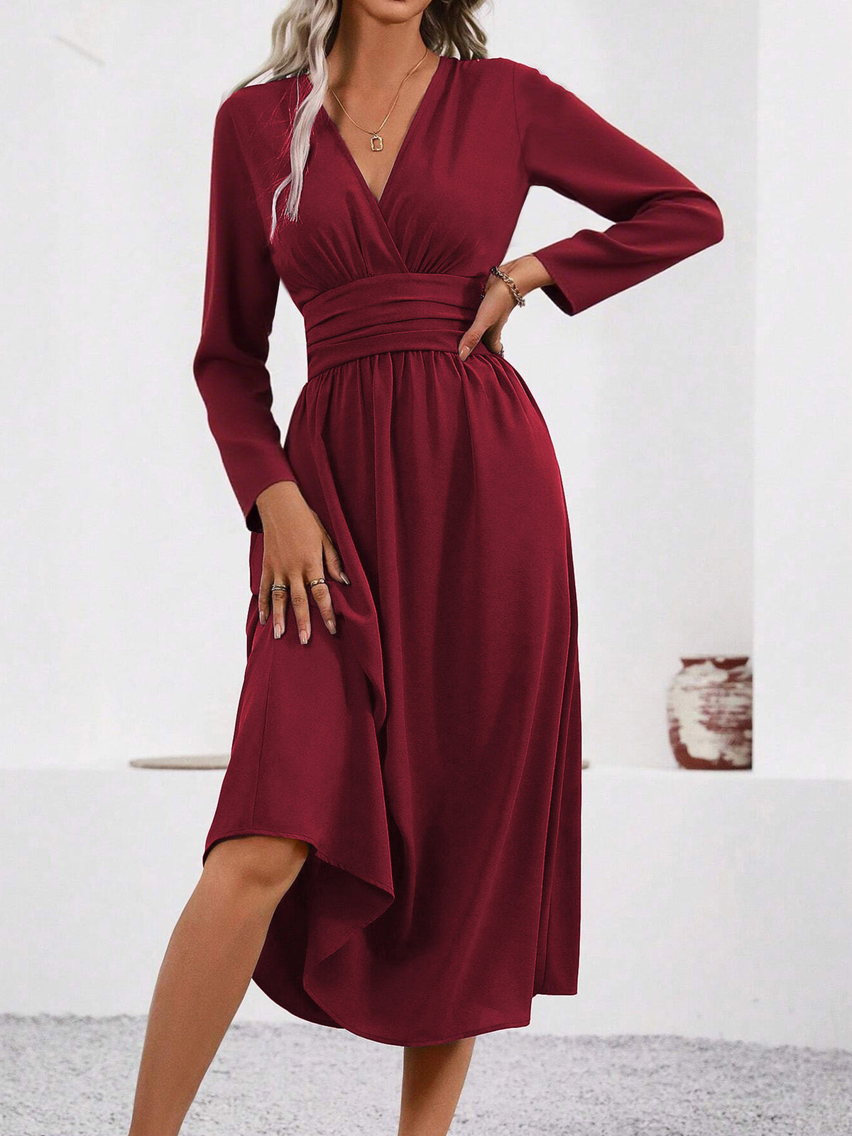 Long Sleeve Midi Dress — Surplice V Neck Pleated Style in Soft Woven Crepe