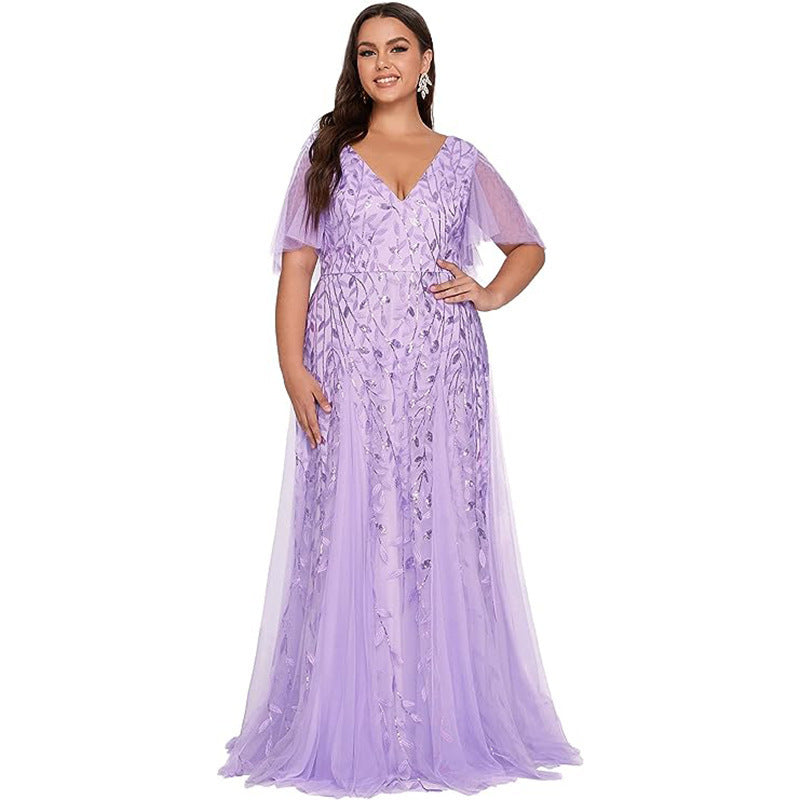 Lavender sequined mesh evening dress, V-neck, short sheer sleeves, flowing mermaid skirt