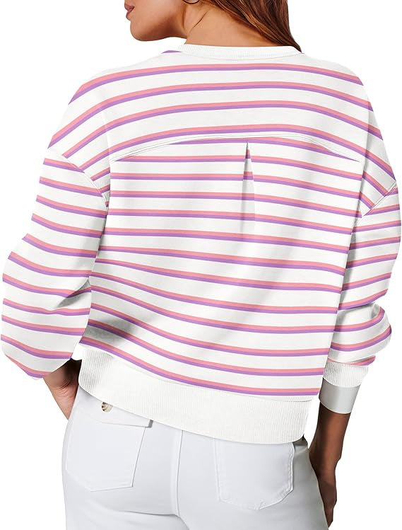 Women's striped crew neck sweater back, long sleeves, pink and white horizontal stripes