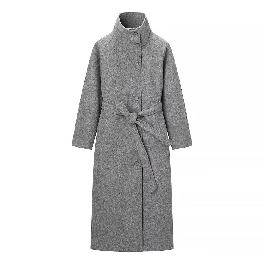 Women's grey belted wool coat, button-front single-breasted stand collar