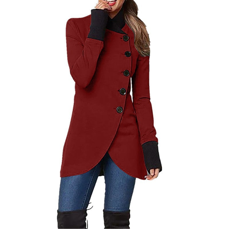 Wine red long coat with button front, long sleeves, and high side-slit hem