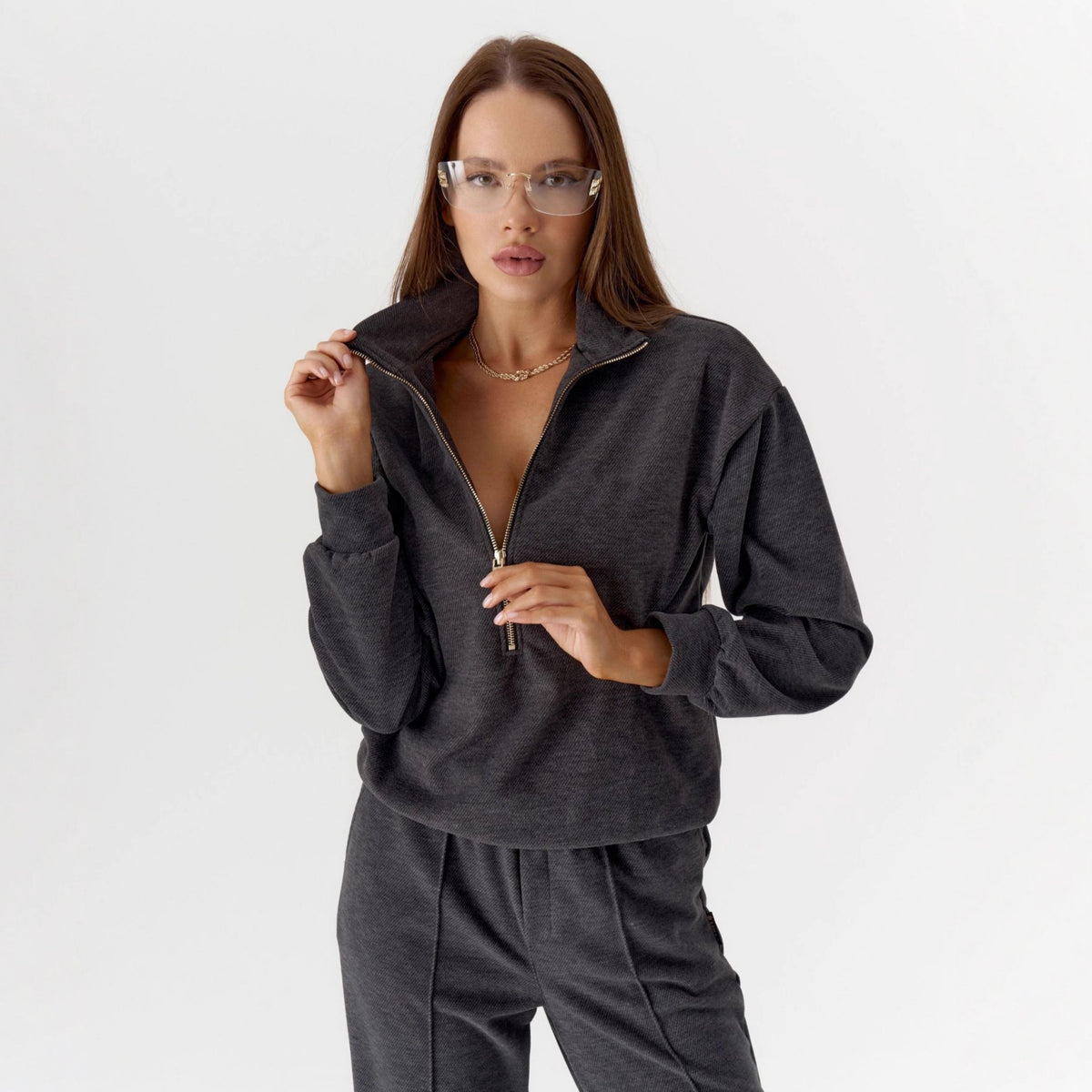 Dark gray women's casual pants set, half-zip long-sleeve top with matching joggers