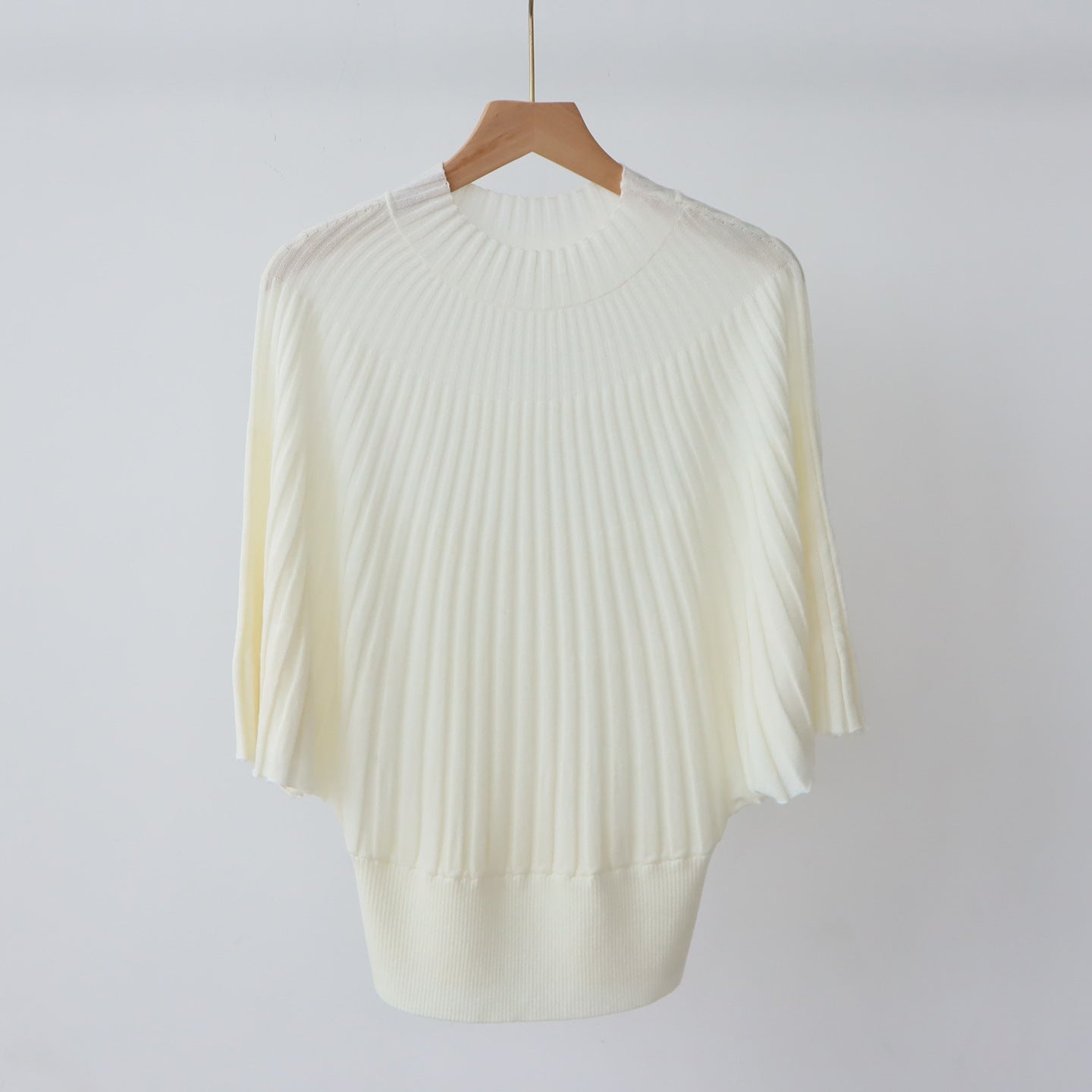 Short Sleeve Sweater for Women — Mock Neck Ribbed Knit with Batwing Sleeves in Soft Wool Blend