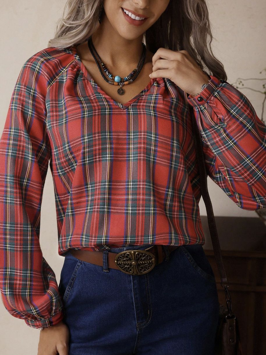 Plaid Blouse — Boho V Neck Peasant Top with Balloon Sleeves and Tie Detail in Viscose