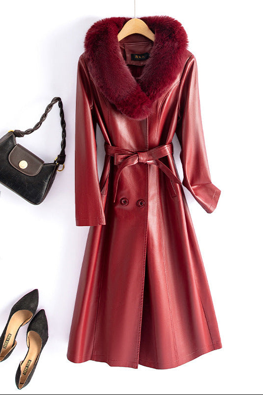 Burgundy faux leather longline coat with faux fur collar, belted waist, button front