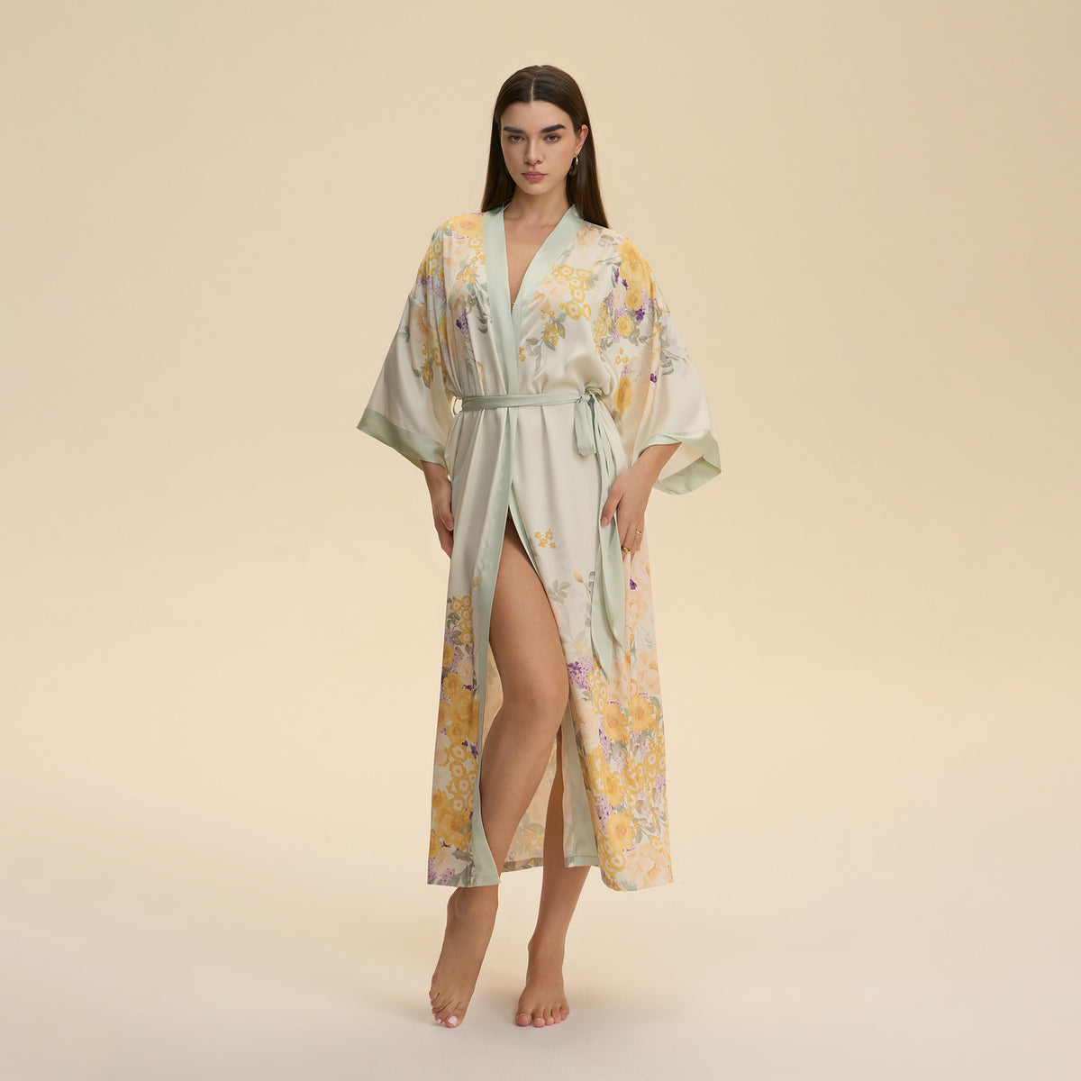 Floral satin V-neck robe nightgown with tie belt, mid-calf length, yellow tones