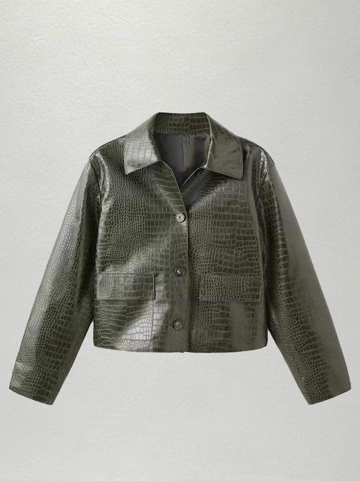 Croc Faux Leather Jacket for Women — Cropped Button Front with Chest Pockets