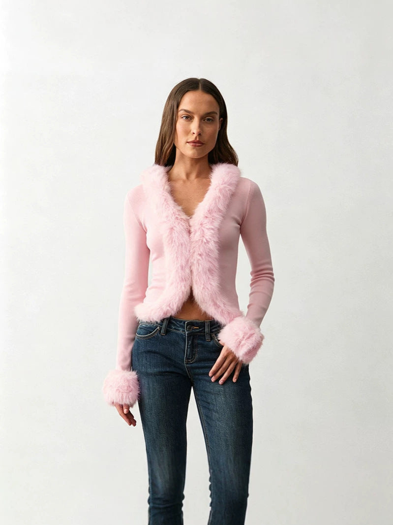 Pink faux fur V-neck cardigan with long sleeves, open front, soft fluffy trim